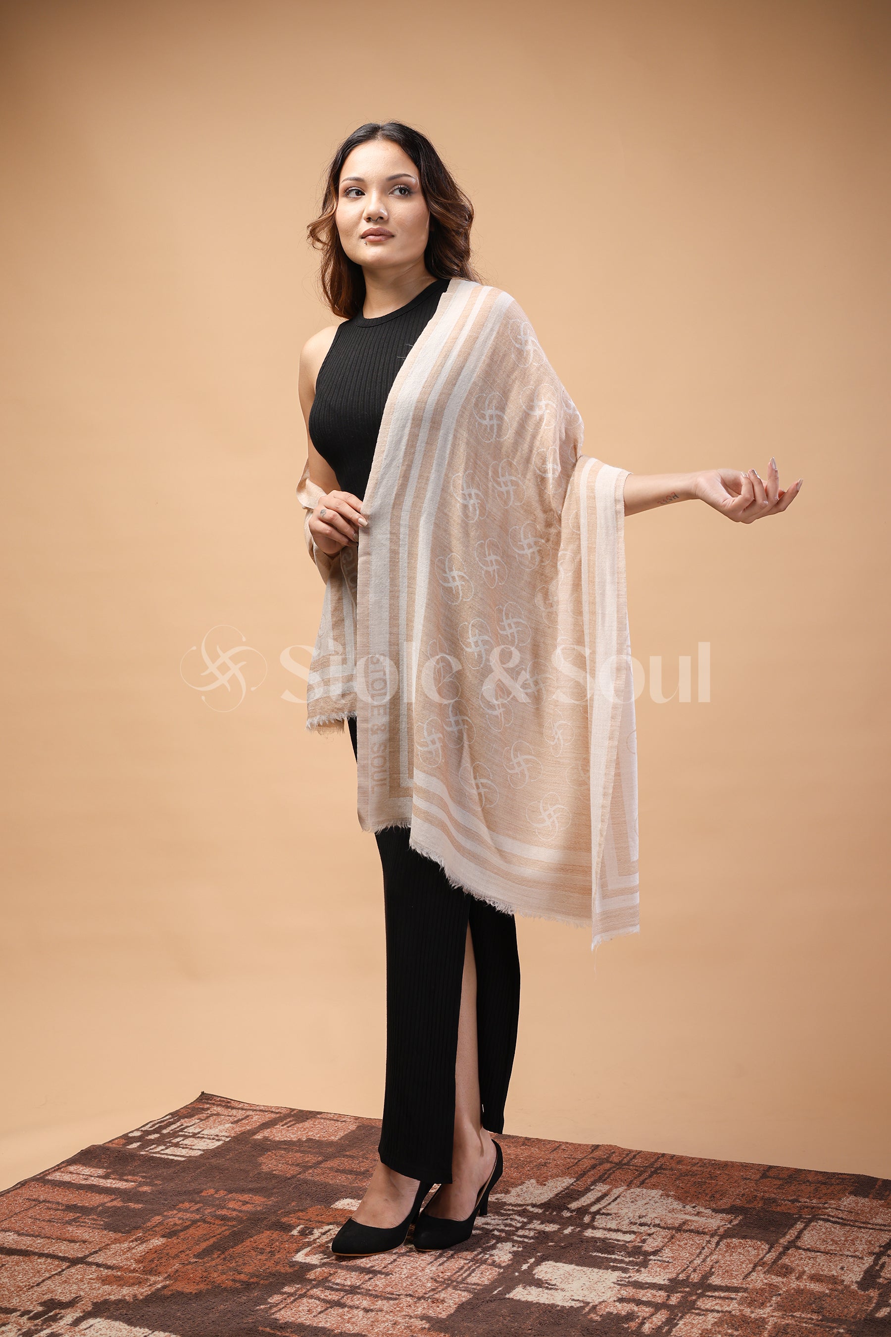 Logo inspired premium fine wool stole- beige and cream